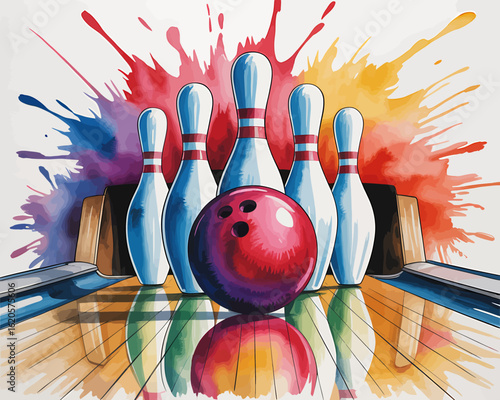 Colorful Bowling Illustration with Pins and Ball Ready to Strike for Fun and Competition