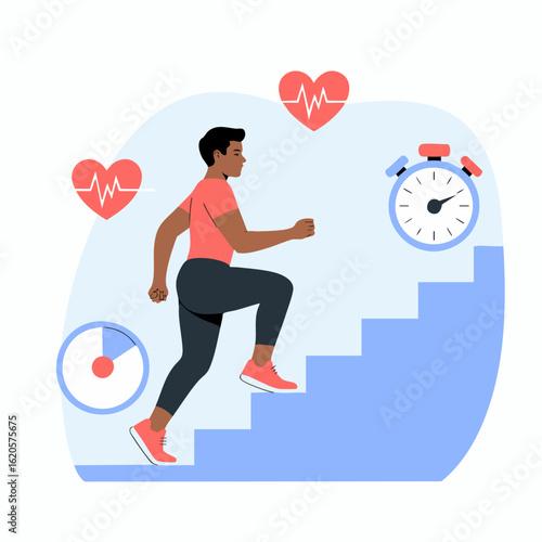 Vector Minimalist SVG Illustration of a Woman Running Up Stairs with Heartbeat and Timer Icons in Flat Design Style with Red and Blue Colors