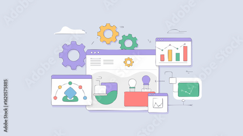 Modern Vector SVG Illustration of Data Analytics and Workflow with Gears and Charts in Flat Design Style