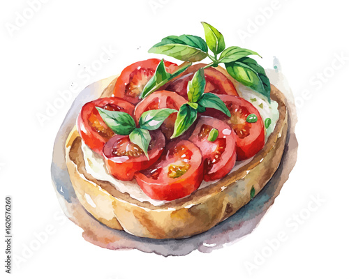 watercolor Tomato bruschetta vector illustration isolated on white background