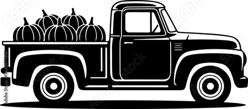 black silhouette vector of a vintage pickup truck loaded with pumpkins in the truck bed