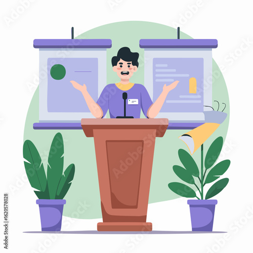 Minimalist Vector SVG Illustration of a Person Presenting with Charts in Flat Style with Green and Blue Colors