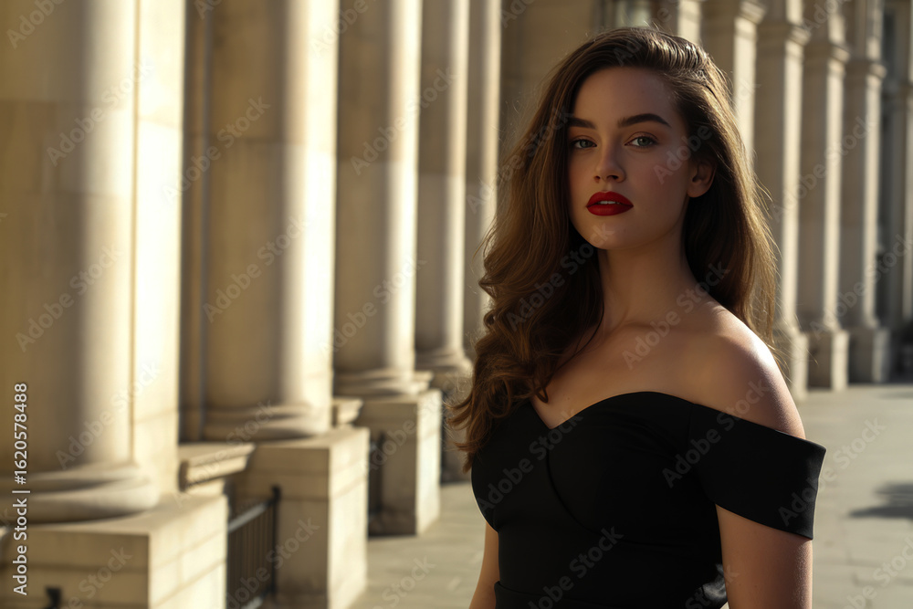 Naklejka premium Woman in black dress red lips red lipstick fashion