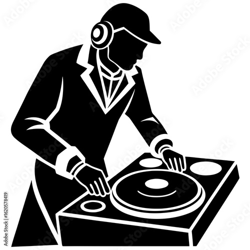 Black silhouette dj playing music turntable headphones