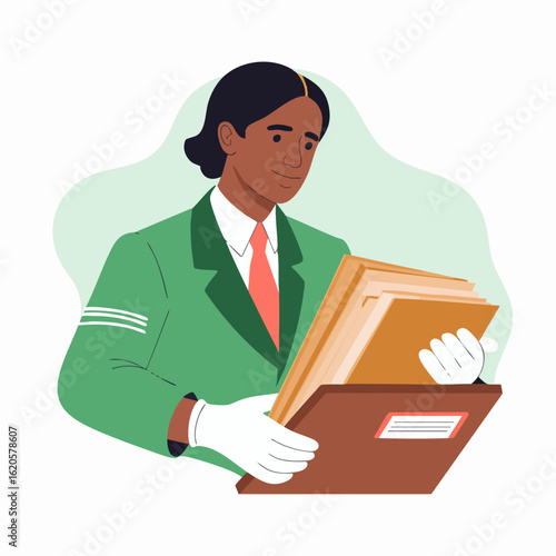 Professional Vector SVG Illustration of Woman Reading Files in Flat Modern Style with Green Suit and White Gloves