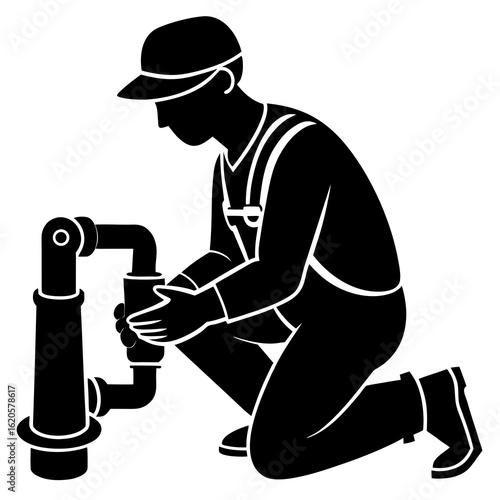 Black silhouette of a plumber working on pipes fixing