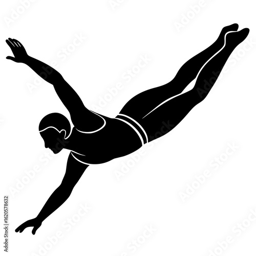 Black silhouette of a swimmer diving white