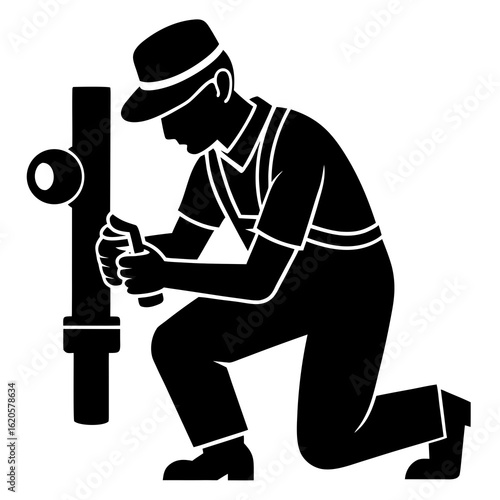 Black silhouette of a plumber fixing a pipe wrench