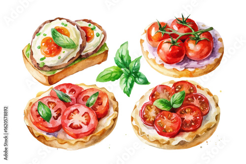 set of watercolor Tomato bruschetta vector illustration isolated on white background