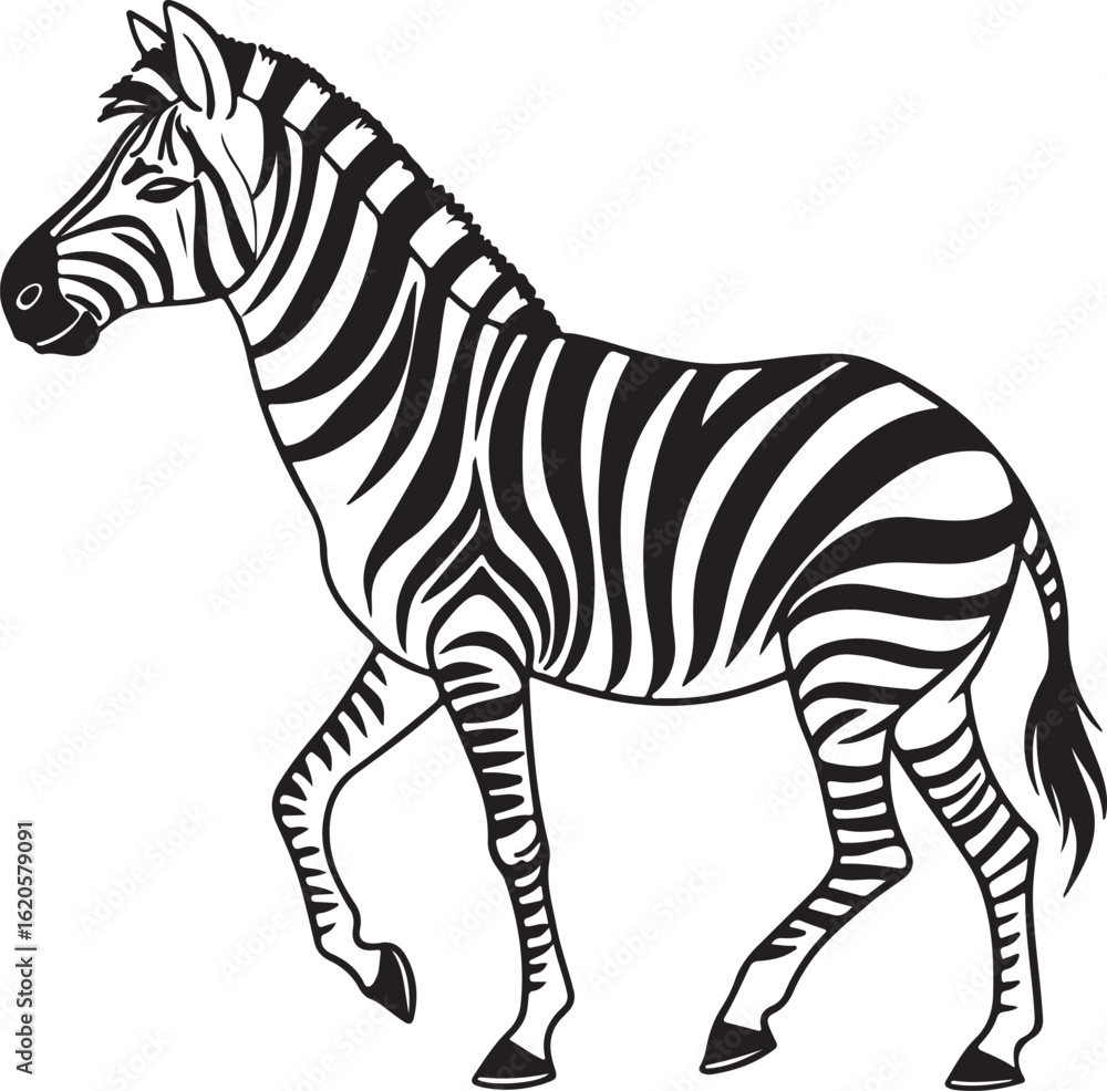Fototapeta premium The image features a zebra positioned centrally, highlighting its unique striped pattern against a neutral background, Zebra vector style silhouette image
