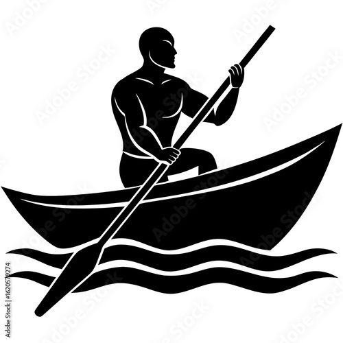 Muscular rower in boat silhouette black vector rowing