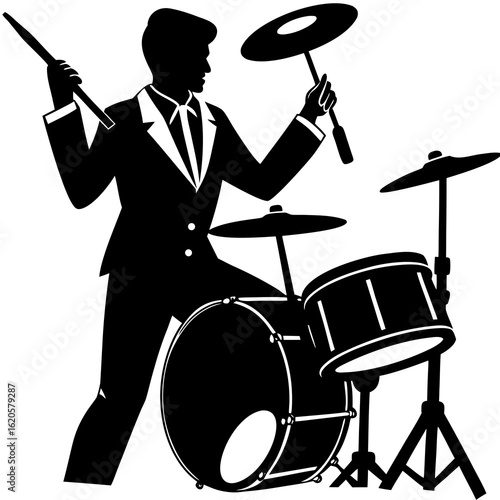 Musician playing drum kit silhouette drummer cymbal