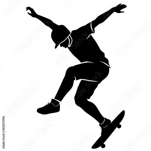 Skateboarder performing aerial trick jumping action