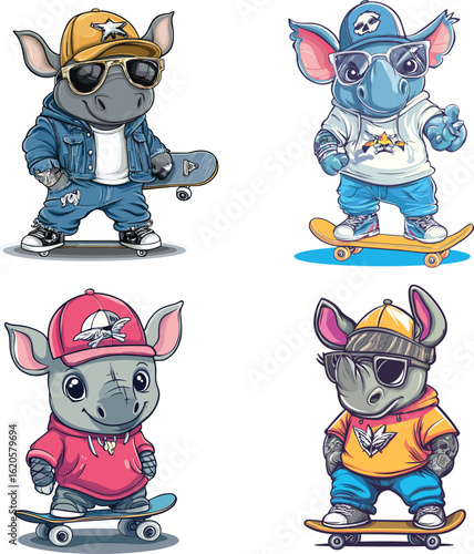 Rhinoceros mascot cartoon character with skateboard, rapper vector style on white background