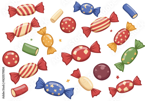 An Assortment of Delicious Wrapped and Unwrapped Candies Displayed on a White Background Featuring a Variety of Colors and Patterns for Sweet Treats and Desserts
