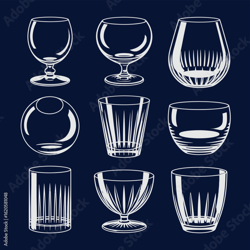 A diverse collection of glass drinkware, including wine and cocktail glasses, beer cups, and champagne flutes, perfect for any bar or restaurant beverage illustration