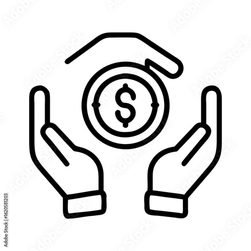 Money in hand icon Save money sign. Cash, loan, coin, dollar, saving, budget, finance, growth, investment, earning money, revenue symbol. Hands holding dollar coin flat and line style - stock vector.