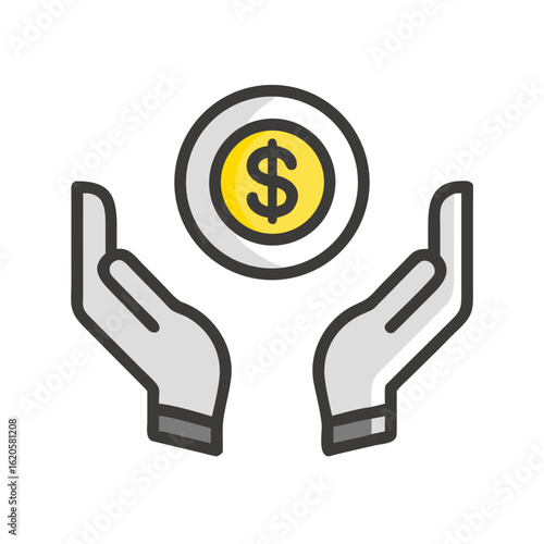 Money in hand icon Save money sign. Cash, loan, coin, dollar, saving, budget, finance, growth, investment, earning money, revenue symbol. Hands holding dollar coin flat and line style - stock vector.