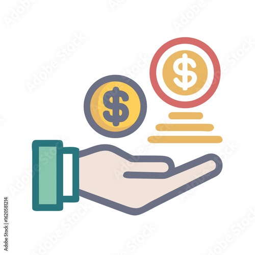 Money in hand icon Save money sign. Cash, loan, coin, dollar, saving, budget, finance, growth, investment, earning money, revenue symbol. Hands holding dollar coin flat and line style - stock vector.