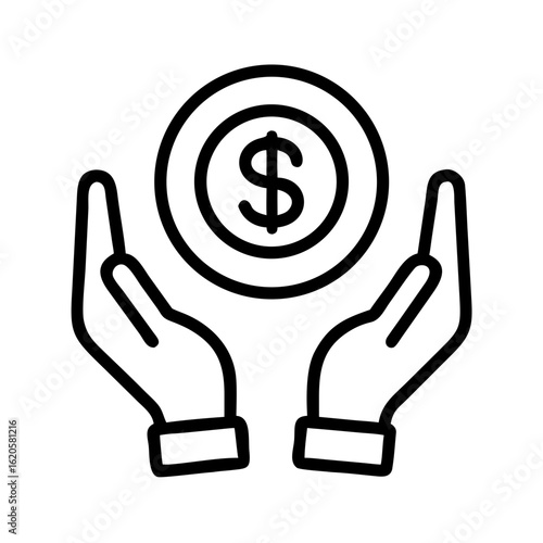 Money in hand icon Save money sign. Cash, loan, coin, dollar, saving, budget, finance, growth, investment, earning money, revenue symbol. Hands holding dollar coin flat and line style - stock vector.