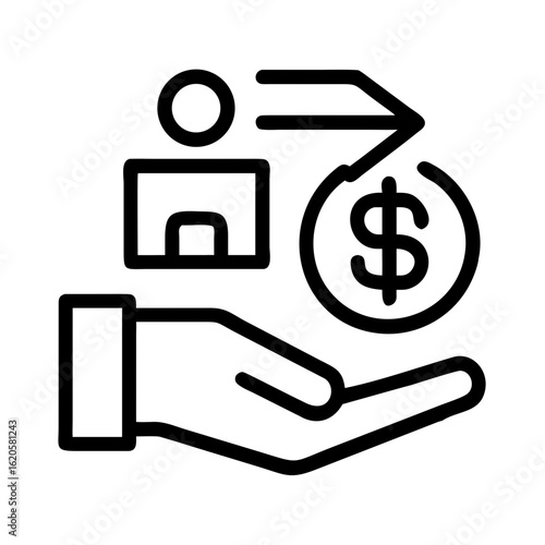 Money in hand icon Save money sign. Cash, loan, coin, dollar, saving, budget, finance, growth, investment, earning money, revenue symbol. Hands holding dollar coin flat and line style - stock vector.