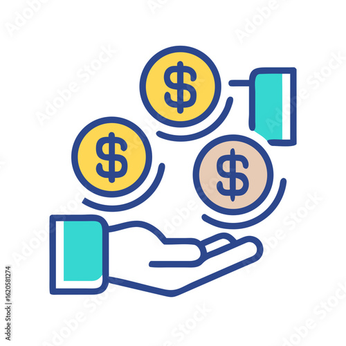 Money in hand icon Save money sign. Cash, loan, coin, dollar, saving, budget, finance, growth, investment, earning money, revenue symbol. Hands holding dollar coin flat and line style - stock vector.