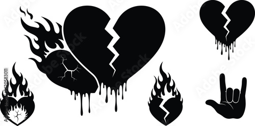 Broken heart with flames and dripping, isolated on white