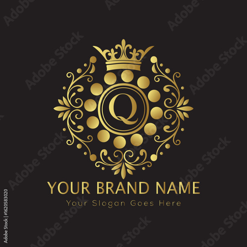 Letter Luxury brand logo design with a royal gold crown emblem and elegant typography	