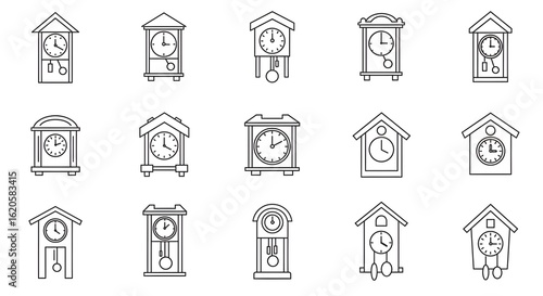 A complete collection of antique, grandfather clock icons in a clean, modern vector format. Each icon is created in a consistent line art style, using thick black lines on a white background.