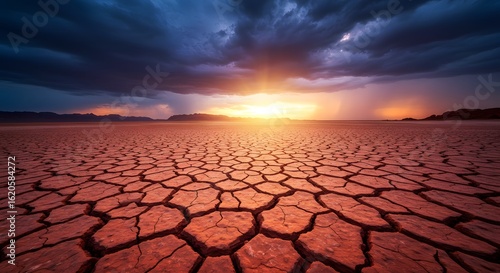 Dramatic Sunset Over Cracked Arid Landscape Under Stormy Sky