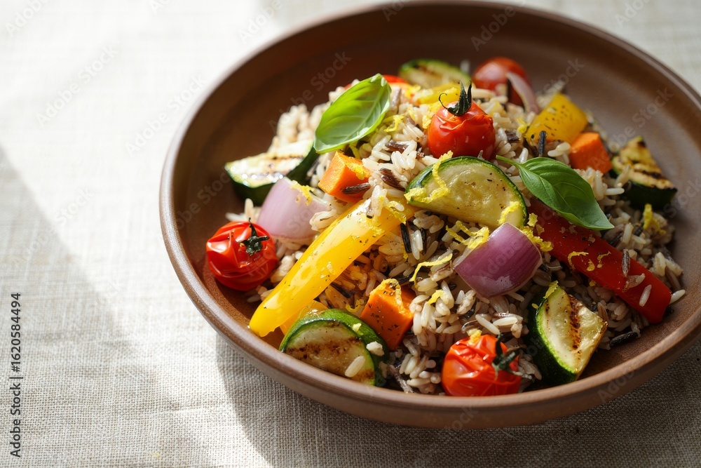 Healthy grain bowl with fresh vegetables and herbs