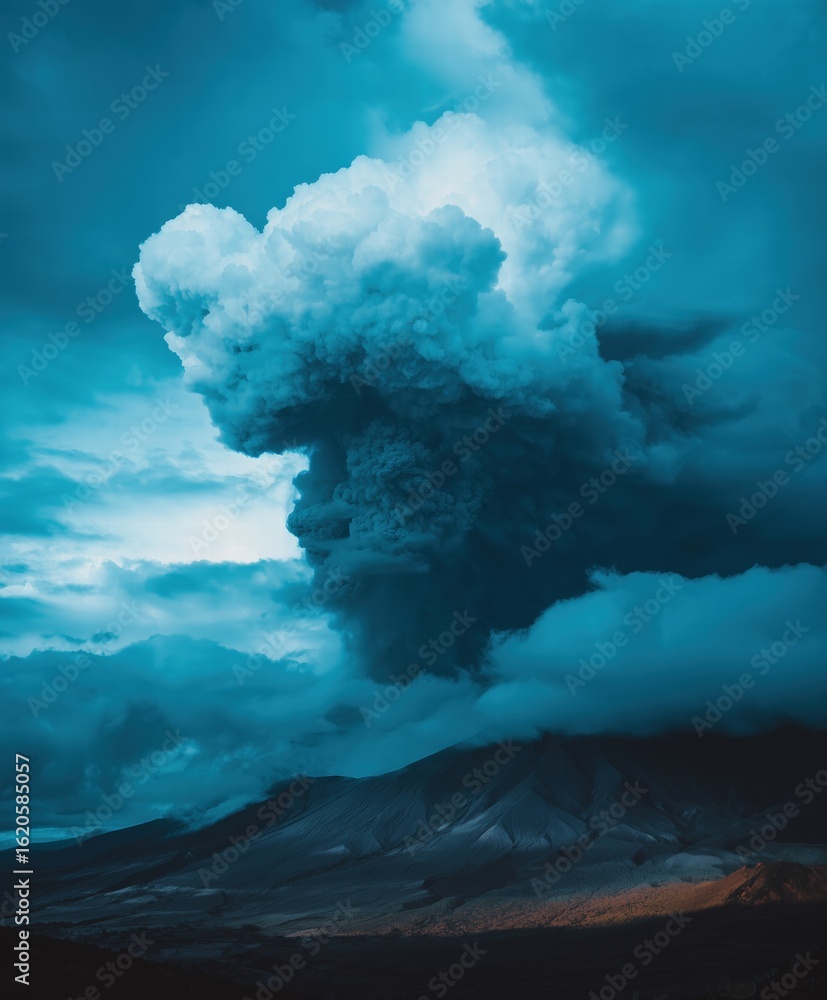 Fototapeta premium Epic 4K Volcanic Explosion with Lightning Storm, Cinematic Blue and Orange Color Graded Ultra HD Still of Lava Eruption
