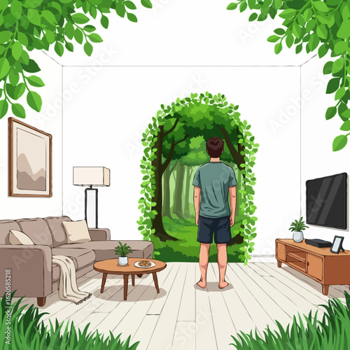 Man thoughtfully looking into a nature portal from his living room, symbolizing escapism.