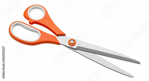 Orange handle scissors tool isolated on white, a detailed vector illustration icon.