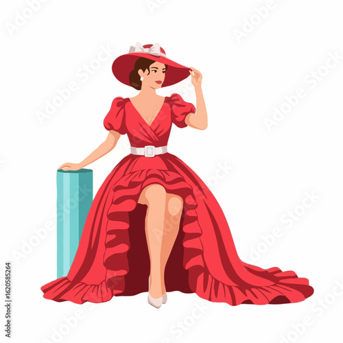 Elegant woman in a lavish red dress and hat posing gracefully against a white background with copy space.