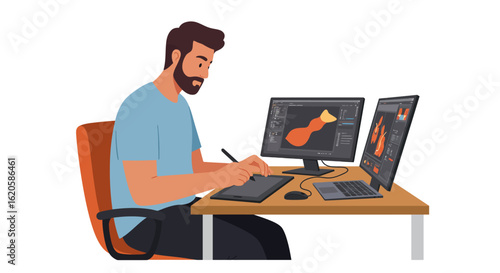 Graphic Designer Working on Computer with Tablet.