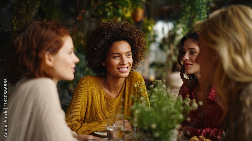 Fototapeta premium Gathering of Friends: A group of diverse women share an intimate moment, conversing animatedly amidst the serene ambiance of a well-lit cafe, embodying a sense of camaraderie and heartfelt connection.