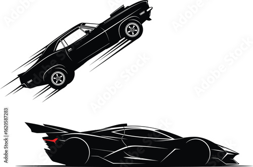 Two black cars, one flying, isolated on white background