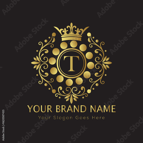 Letter Luxury brand logo design with a royal gold crown emblem and elegant typography	
