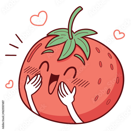 Cute cartoon strawberry character smiling happily, isolated on white background