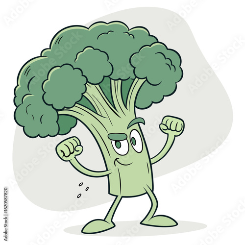 Strong cartoon broccoli character with flexed fists, isolated on white background