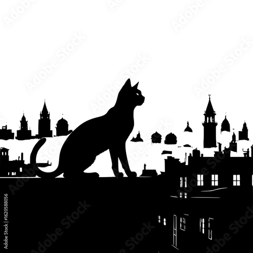 A silhouetted cat stretching on a rooftop at dawn 
