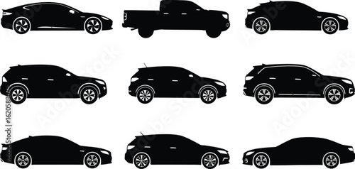 Collection of car silhouettes isolated on white background