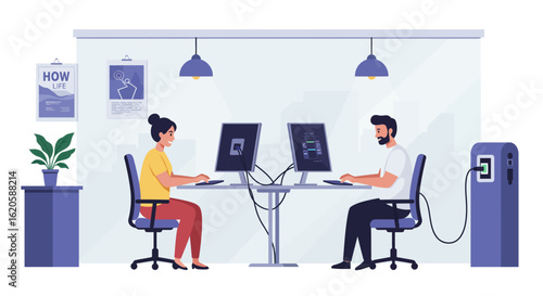 Two People Working on Computers in Office Setting.