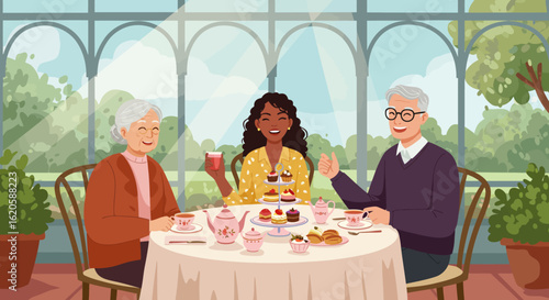 Three People Enjoying Afternoon Tea Together.