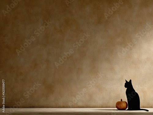 Minimalist composition featuring a black cat sitting beside a small pumpkin against a warm textured brown background in a moody artistic scene