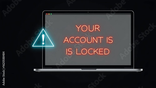 Close-up of a laptop screen displaying a security warning about a locked account. The message is highlighted in bright neon colors.