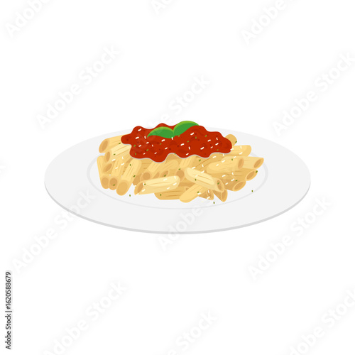 Penne pasta with marinara sauce and basil on a white plate