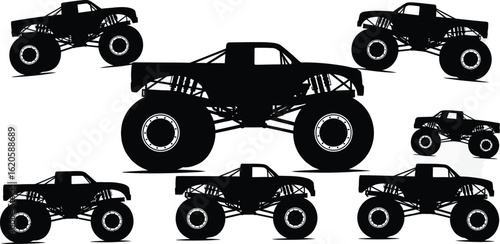 Monster truck silhouettes isolated on white background