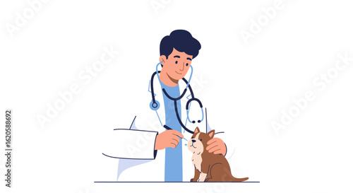 Veterinarian Examining a Brown and White Puppy.